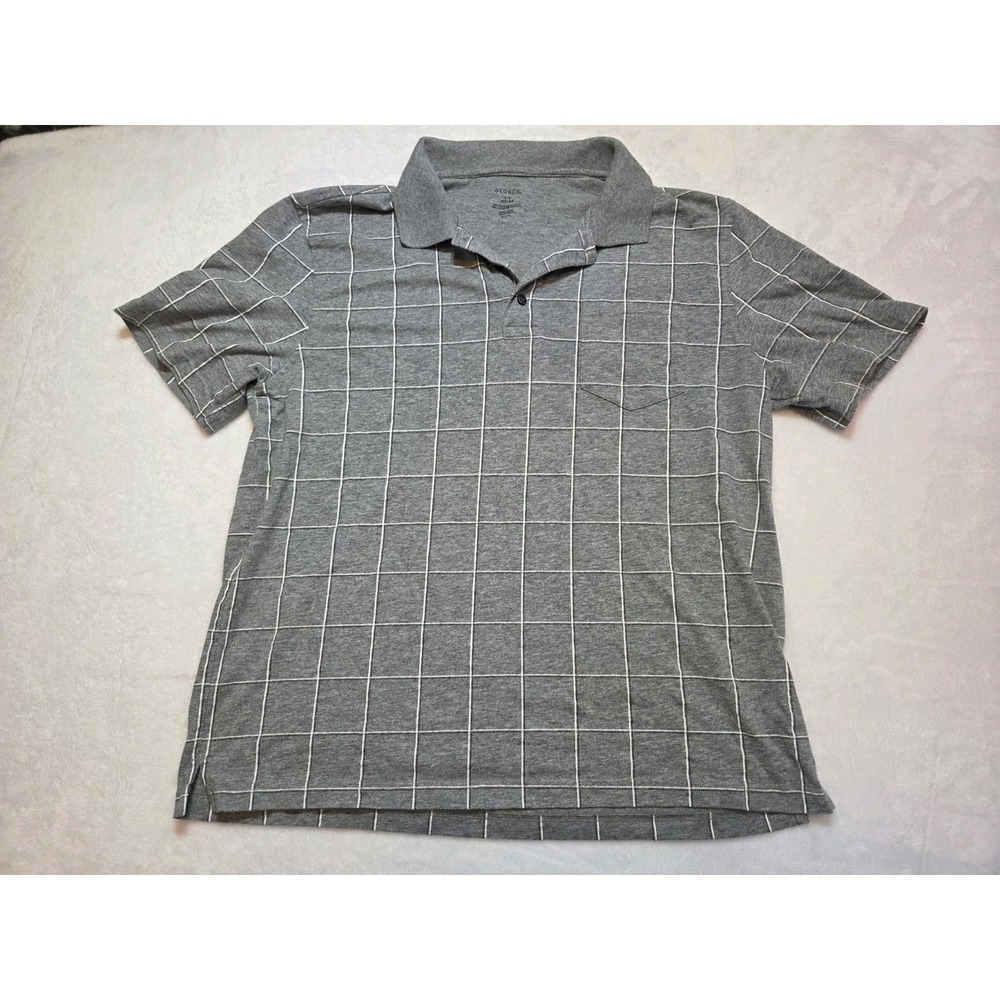 George Men's Gray 151-Windowpane Polo Shirt Size Large Short Sleeve Cotton Blend
